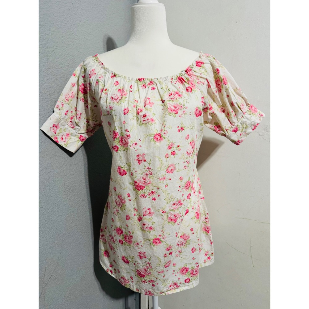 Pink Floral Rose Cottagecore Puff Sleeve Smocked Tunic Top White Pink Small